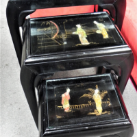 Vintage-set-of-3-Japanese-Nesting-Tables-with-bowed-legs-black-lacquered-with-applied-and-painted-design-glass-inserts-with-a-few-chips-Largest-68cm-Sold-for-99-2021