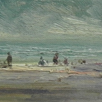 Wykeham-Perry-1936-Gilt-Framed-Oil-Painting-Busy-Beach-Scene-Signed-lower-right-10x245cm-Sold-for-106-2021