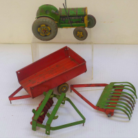 1950-Mettoy-tinplate-cwork-Tractor-with-trailer-harrow-plough-af-Sold-for-50-2021