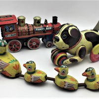 3-x-Vintage-Tin-Toys-inc-Wind-up-Duck-Train-Fancy-Train-with-Felix-the-cat-driver-Wind-up-Puppy-Ball-Sold-for-81-2021
