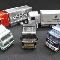 5-x-132-scale-model-Diecast-and-Plastic-Long-Haul-TRUCKS-incl-RENAULT-AE-500-Mercedes-Benz-1835-Scania-Topline-Freightliner-etc-2-x-with-trailer-Sold-for-68-2021