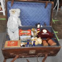 Group-lot-inc-Large-Leather-Luggage-trunk-with-original-tray-insert-straps-contents-inc-1950s-Blue-straw-filled-Teddy-Pottery-Tins-Tobacco-ti-Sold-for-56-2021