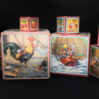 c1940-Set-of-8-x-Children-Wooden-Nesting-BLOCKs-with-coloured-lithographs-of-animals-farm-life-German-fairy-tale-Signed-Lungers-HAUSSEN-made-in-th-Sold-for-68-2021