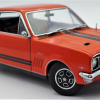 118-Scale-Diecast-Model-Car-1969-Holden-HT-Monaro-GTS-350-in-Orange-w-Black-Striping-Red-Tartan-Interior-Model-Made-by-Auto-art-Sold-for-161-2021