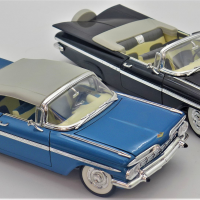 2-x-118-Scale-Diecast-Model-Cars-1959-Chevrolet-Impala-Used-in-Blue-with-Hardtop-Black-w-Top-Down-Both-Models-Made-by-Road-Legends-Sold-for-62-2021
