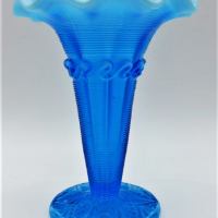 Vintage-pressed-glass-Ice-Blue-Vaseline-Trumpet-Vase-panelled-stem-with-horizontal-ribbing-flared-rim-with-underneath-scroll-with-Vaseline-fini-Sold-for-50-2021