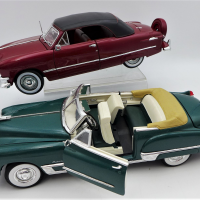 2-x-118-Scale-Model-Diecast-American-Coupe-Cars-1-x-1950-Ford-Custom-Deluxe-Convertible-in-red-by-Maisto-and-1-x-1949-Cadillac-Coupe-de-Ville-conver-Sold-for-93-2021