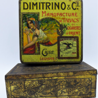 2-x-Vintage-Advertising-TOBACCO-Tins-inc-c1910-Dimitrino-Co-Egyptian-Cigarettes-Tin-Pioneer-Brand-Golden-Flake-Cavendish-tin-Sold-for-75-2021
