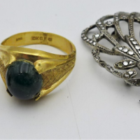 3-x-pces-vintage-Jewellery-silver-Marcasite-Brooch-silver-ring-set-with-brown-stone-gents-10K-gold-filled-ring-set-with-mottle-green-stone-Sold-for-50-2021