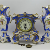 French-Mantel-Clock-Garniture-Porcelain-with-hand-painted-blue-and-ornate-gilding-Pendulum-stamped-JBD-Jean-Baptiste-Delettrez-with-makers-mark-Sold-for-273-2021