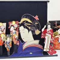 Group-lot-Vintage-Japanese-Items-inc-Wall-hanging-with-raised-geisha-girl-Japanese-Fans-Cloth-wall-hanging-Hand-Puppets-Ceramic-Geisha-figure-V-Sold-for-25-2021