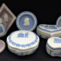 Group-lot-Wedgwood-Jasper-ware-Lilac-and-Pale-Blue-on-white-inc-vases-trinket-dishes-candlesticks-pin-trays-Sold-for-161-2021