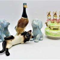 Group-lot-inc-BESWICK-pair-of-Pale-Blue-Glaze-dogs-Model-454-12cm-H-Siamese-hanging-cat-Mallard-duck-model-756-1-af-Royal-Osborne-Beatrix-Potter-Sold-for-62-2021