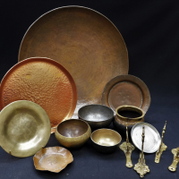 Group-lot-of-copper-and-brass-items-incl-large-copper-footed-bowl-46cm-D-copper-platter-28cm-D-bowls-dishes-letter-opener-and-a-collection-of-It-Sold-for-149-2021