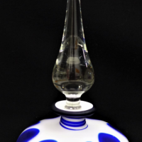 Vintage-Art-Glass-Perfume-bottle-Satin-finish-white-with-blue-spots-clear-tear-drop-stopper-24cm-H-Sold-for-62-2021
