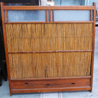 Vintage-Japanese-light-stained-timer-Bi-Fold-Screen-Room-Divider-low-approx-100cm-H-inset-with-fine-vertical-cane-glass-panels-to-top-bottom-s-Sold-for-186-2021