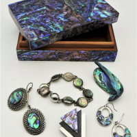 Vintage-Paua-Shell-covered-Jewellery-Box-and-Contents-incl-vintage-Sterling-Silver-mounted-shell-bracelet-2-x-Pairs-of-paua-earrings-and-2-x-paua-Br-Sold-for-68-2021