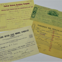 4-x-mostly-early-to-mid-century-Victoria-Australia-Shares-Certificates-inc-Melbourne-Bitter-Gold-Mining-Central-Victoria-Dredging-and-Torquay-Oil-We-Sold-for-50-2021