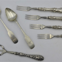 Group-lot-3-x-18thc-Sterling-silver-spoons-af-4-forks-with-silver-handles-a-bread-fork-Sold-for-50-2021