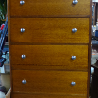 Large-light-stained-Oak-Mid-Century-Modern-Tall-Boy-Chest-5-Drawers-chrome-knobs-vgc-136cm-H-Sold-for-99-2021