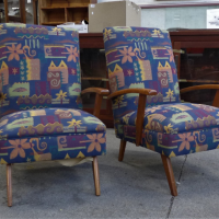 Pair-1960s-MCM-teak-armchairs-upholstered-in-Retro-style-fabric-Sold-for-93-2021