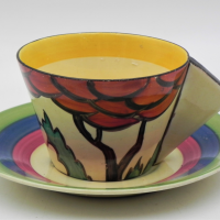 1930s-Clarice-Cliff-Bizarre-Fantasque-hand-painted-cup-and-saucer-cup-with-triangular-handle-h-painted-design-minor-chip-to-cup-rim-Sold-for-99-2021