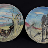 2-x-Vande-Australian-Pottery-Cargers-hand-painted-differing-Aboriginals-in-Australian-Landscape-both-signed-verso-21cm-D-Sold-for-99-2021
