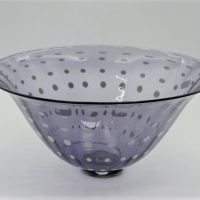 Alex-Wyatt-Australian-Art-Glass-Bowl-clear-footed-base-amethyst-body-with-White-Polka-Dots-signed-numbered-111018-29cm-Diam-Sold-for-62-2021