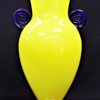 Large-Richard-Morrell-Art-glass-Vase-bright-yellow-with-blue-rim-and-handles-clear-base-sgd-36cms-H-Sold-for-174-2021