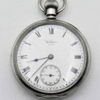 Silver-Cased-Waltham-Open-face-Pocket-Watch-Birmingham-Hallmark-for-1918-Stem-Winding-signed-mouvement-white-enamel-Roman-numeral-Dial-signed-Walt-Sold-for-112-2021