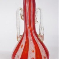 Vintage-Murano-twin-handle-vase-red-vertical-stripes-with-white-latticinio-and-clear-handles-approx-19cm-H-Sold-for-186-2021
