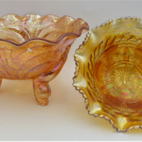 2-x-Marigold-Carnival-Glass-Bowls-inc-Australian-Crown-Crystal-Butterfly-Bower-16cm-D-Sowerby-Marigold-Diving-Dolphins-exterior-pattern-scrol-Sold-for-87-2021