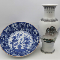 2-x-pieces-Handpainted-Chinese-Ceramics-inc-Vase-with-lake-scene-character-marks-to-base-and-back-26cm-H-Blue-White-bowl-marks-to-base-23cm-D-Sold-for-56-2021