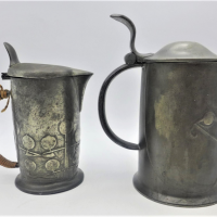 2-x-pieces-Solkets-Liberty-Co-English-Art-Nouveau-Pewter-Lidded-Tankard-Pitcher-both-with-all-marks-to-bases-bulge-to-base-of-pitcher-Sold-for-137-2021