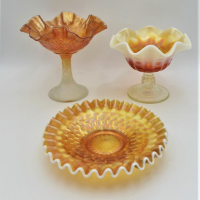 3-x-Carnival-Glass-inc-2-x-Comports-Fenton-Marigold-Stream-of-Hearts-Persian-medallion-exterior-Peach-Opalescent-Shallow-Honey-comb-Peach-opa-Sold-for-112-2021