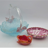 3-x-Items-incl-Boyds-Glass-Swan-Copeland-Oval-Porcelain-dish-with-oriental-theme-Glass-basket-textured-blue-body-Sold-for-62-2021