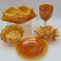 5-x-pieces-Vintage-Marigold-Carnival-Glass-Small-Fenton-bowl-with-Panther-pattern-to-interior-butterfly-berry-to-exterior-large-Peacock-feathers-Sold-for-124-2021