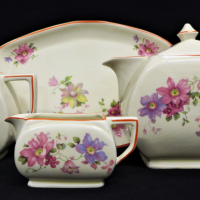Art-Deco-1930s-English-Tea-Set-Empire-ware-Teapot-Hot-water-pot-Milk-Jug-and-undertray-Floral-design-with-hand-painted-orange-banding-Sold-for-87-2021