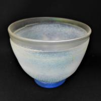 Bertil-Vallien-Kosta-Boda-Art-Glass-Bowl-blue-base-white-iridescent-with-textured-thatching-lower-section-signed-to-base-9cm-H-Sold-for-62-2021