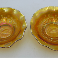 Pair-Vintage-Australian-Crown-Crystal-Marigold-Carnival-Glass-Bowls-featuring-Swans-14cm-Diam-Each-Sold-for-50-2021