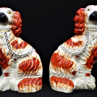 Pair-of-Victorian-Staffordshire-flatback-mantle-Spaniels-white-ground-with-russet-approx-26cm-H-one-af-Sold-for-75-2021