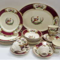 Setting-for-6-English-Royal-Crown-Myott-Staffordshire-Burgundy-CHELSEA-BIRD-pattern-Platter-Lge-Sml-dinner-plates-dessert-bowls-trios-Sold-for-75-2021
