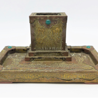 Vintage-ART-NOUVEAU-Desk-stand-Embossed-Brass-Copper-Matchbox-holder-to-back-Green-Jewels-to-corners-front-back-of-Holder-no-marks-sighted-Sold-for-75-2021