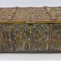 Vintage-heavy-Bronze-Box-Raised-medieval-Religious-scenes-around-entire-body-no-marks-sighted-1-foot-slightly-bent-under-15cm-L9cm-Deep-7cm-H-Sold-for-298-2021