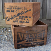 2-x-vintage-wooden-packing-crates-with-black-stencilled-text-Pure-Velvet-Soap-39-x-58cms-Ardmona-Fruit-Products-32-x-50cms-gc-Sold-for-99-2021