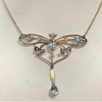 Art-Nouveau-9ct-ygold-necklace-featuring-symmetrical-Butterfly-6cms-w-set-with-Aquamarines-seed-pearls-suspended-on-chain-TW-6-1grms-Sold-for-323-2021