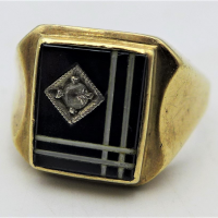 Gents-9ct-rose-gold-square-Signet-ring-black-enamel-pattern-set-with-small-diamond-TW-6-1-grms-Sold-for-236-2021