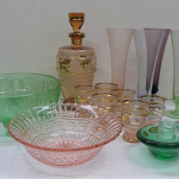 Group-lot-Mixed-Coloured-Glass-inc-Harlequin-set-of-6-stemmed-glasses-Depression-Glass-footed-green-bowl-Pink-bowl-1960s-Peach-decanter-set-Gre-Sold-for-112-2021