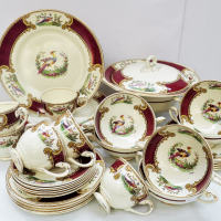 Setting-for-6-English-Royal-Crown-Myott-Staffordshire-Burgundy-CHELSEA-BIRD-pattern-Lge-dinner-plates-Trios-Soup-Coupes-with-underplates-Lidded-Sold-for-137-2021