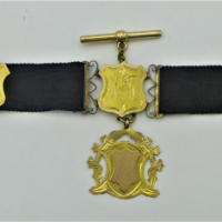 c1900-Mourning-Fob-black-grosgrain-with-3-x-15ct-gold-medallions-threaded-9ct-gold-suspended-medallion-15ct-swivels-to-each-end-unmarked-fob-ba-Sold-for-224-2021